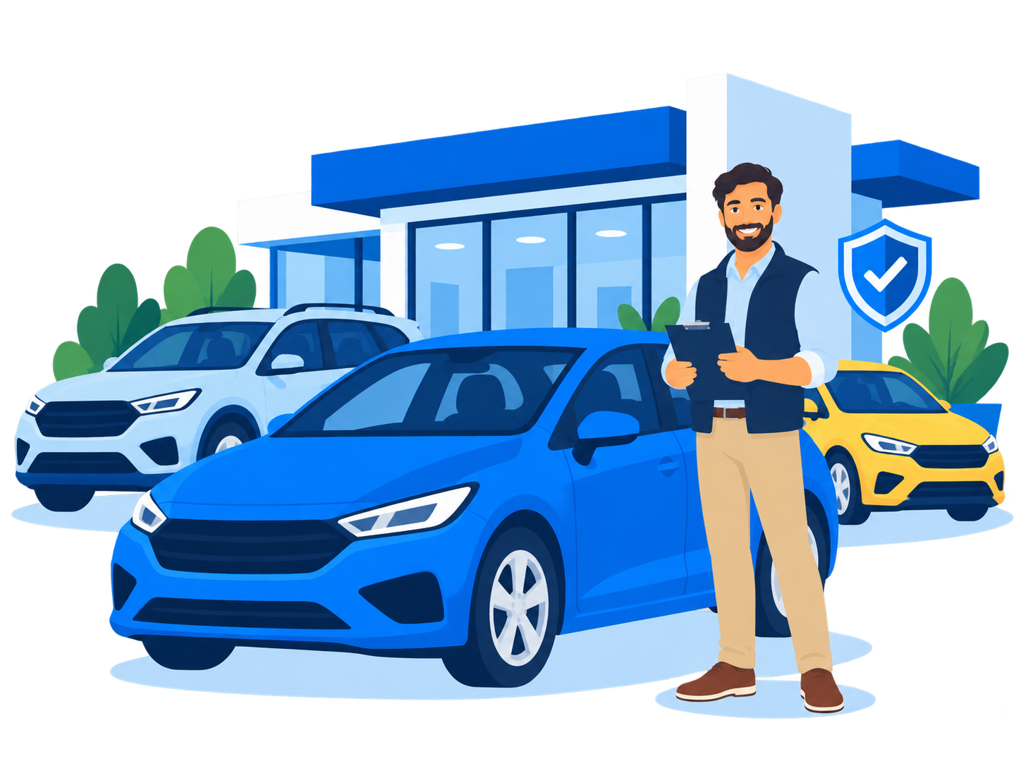Illustration of an independent dealer with a clipboard beside cars and a dealership